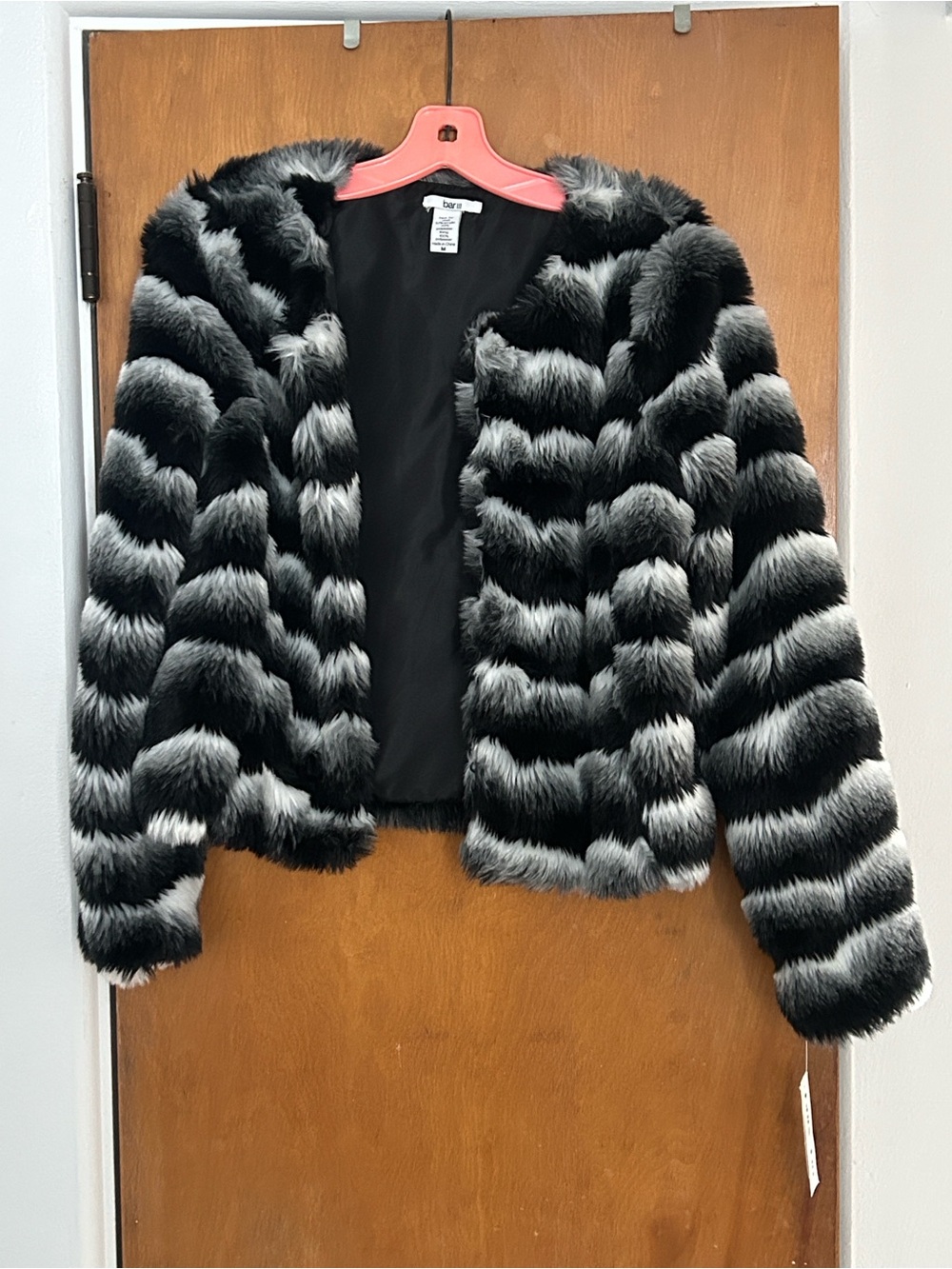 Bar III Black & Gray Faux Fur Striped Jacket